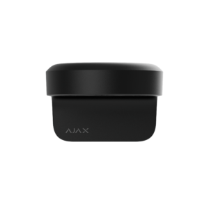 Ein schwarzer, quadratischer Elektrokasten mit "AJAX"-Logo auf der Vorderseite.