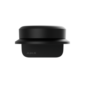 Schwarzer, rechteckiger Sensor mit der Aufschrift "AJAX" auf der Vorderseite, vor einem schwarzen Hintergrund.