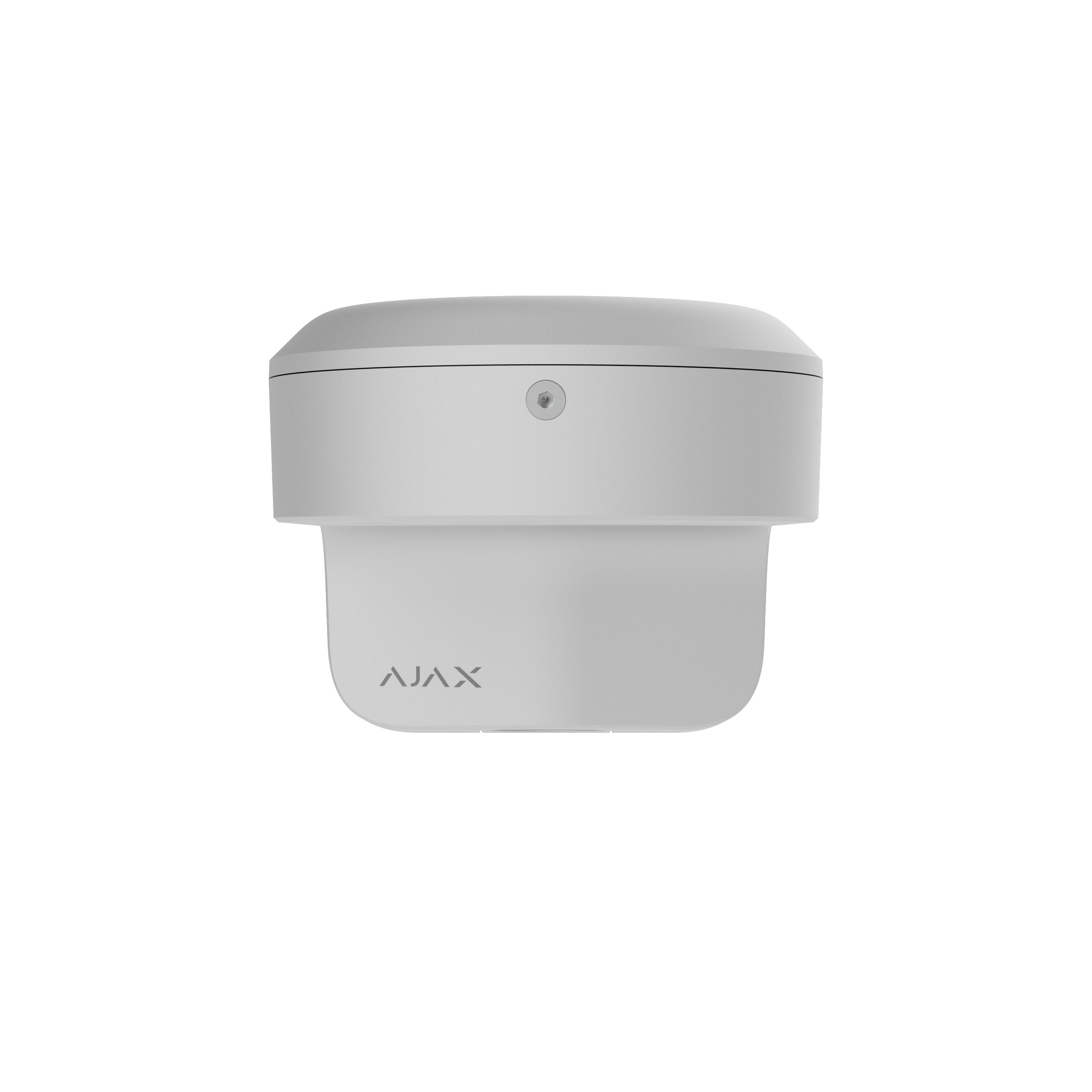 Weißer Ajax-Brandmelder mit dezentem Design auf schwarzem Hintergrund.