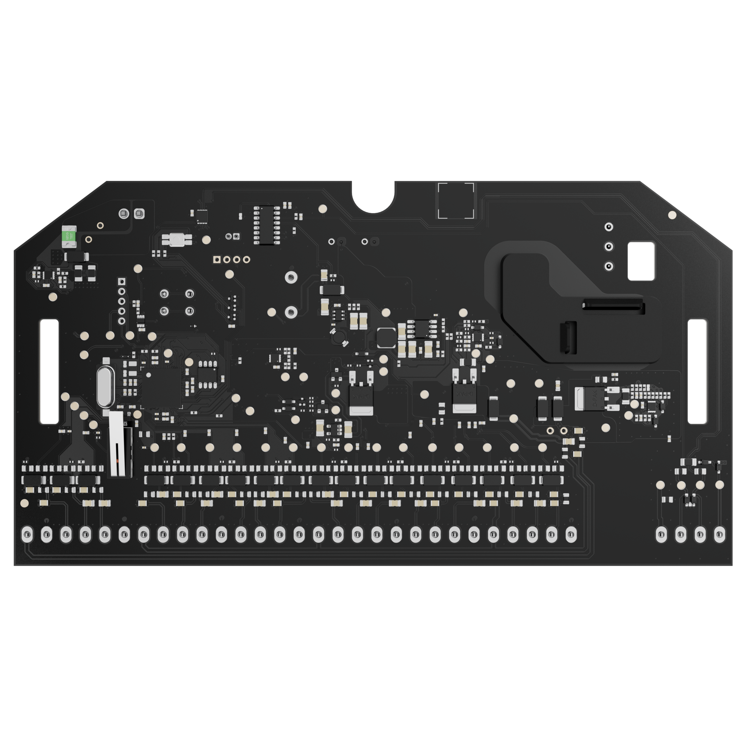 Leiterplatte mit verschiedenen elektronischen Komponenten und Schaltkreisen auf schwarzem Hintergrund.