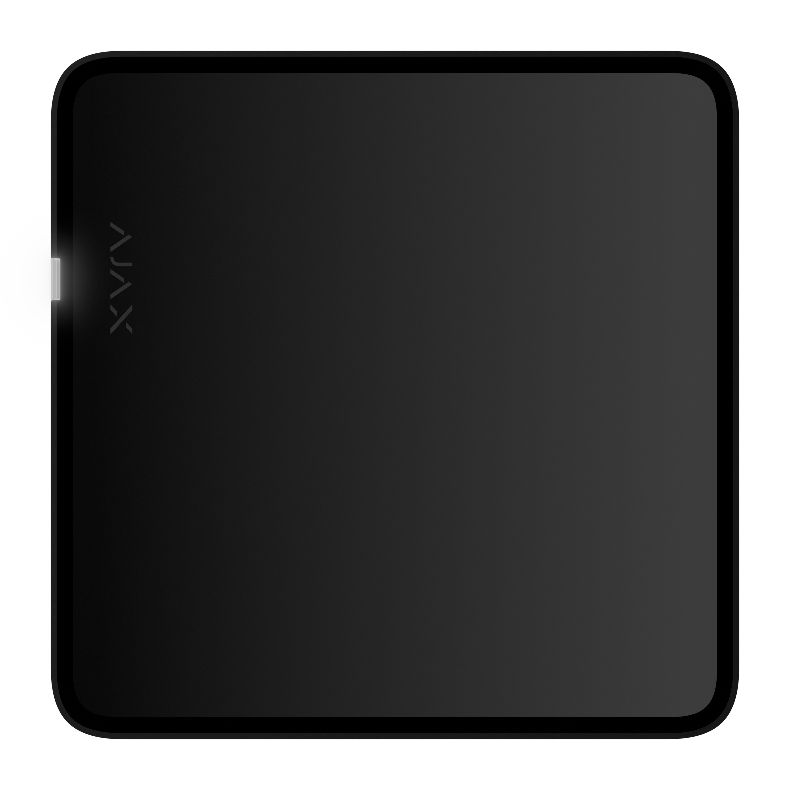 Quadratisches, schwarzes Gerät mit abgerundeten Ecken und dezentem „AJAX“-Logo auf der linken Seite.