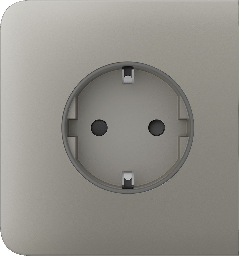 Nahaufnahme einer grauen Steckdose in quadratischer Form.