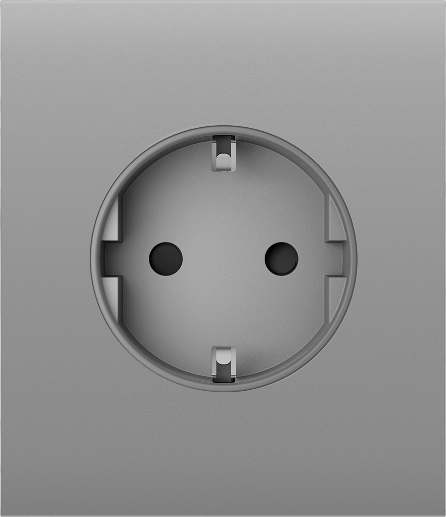 Nahaufnahme einer grauen Steckdose in einer Wand mit zwei Stecklöchern und seitlichen Kontakten für den Erdungsstift.