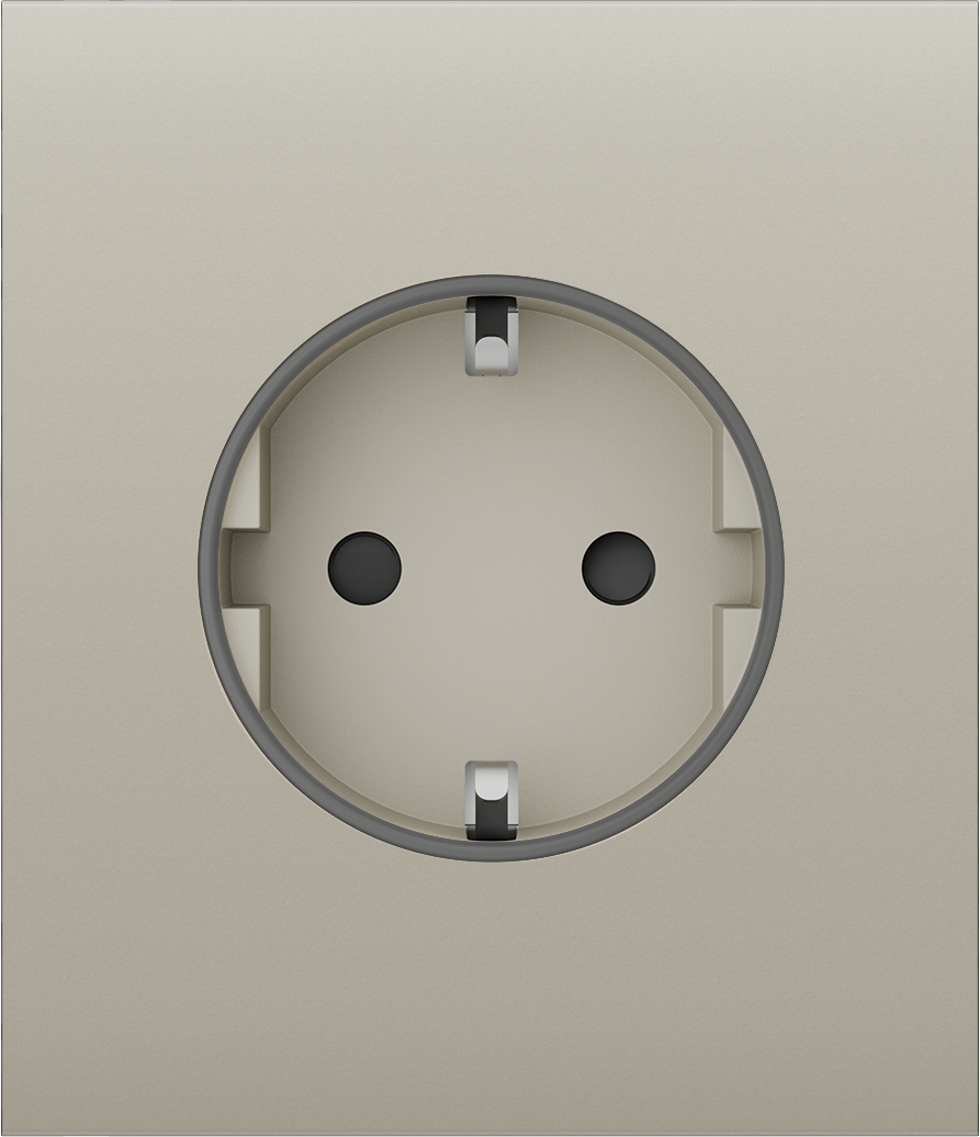 Nahaufnahme einer weißen Steckdose auf einer beigen Wandfläche.