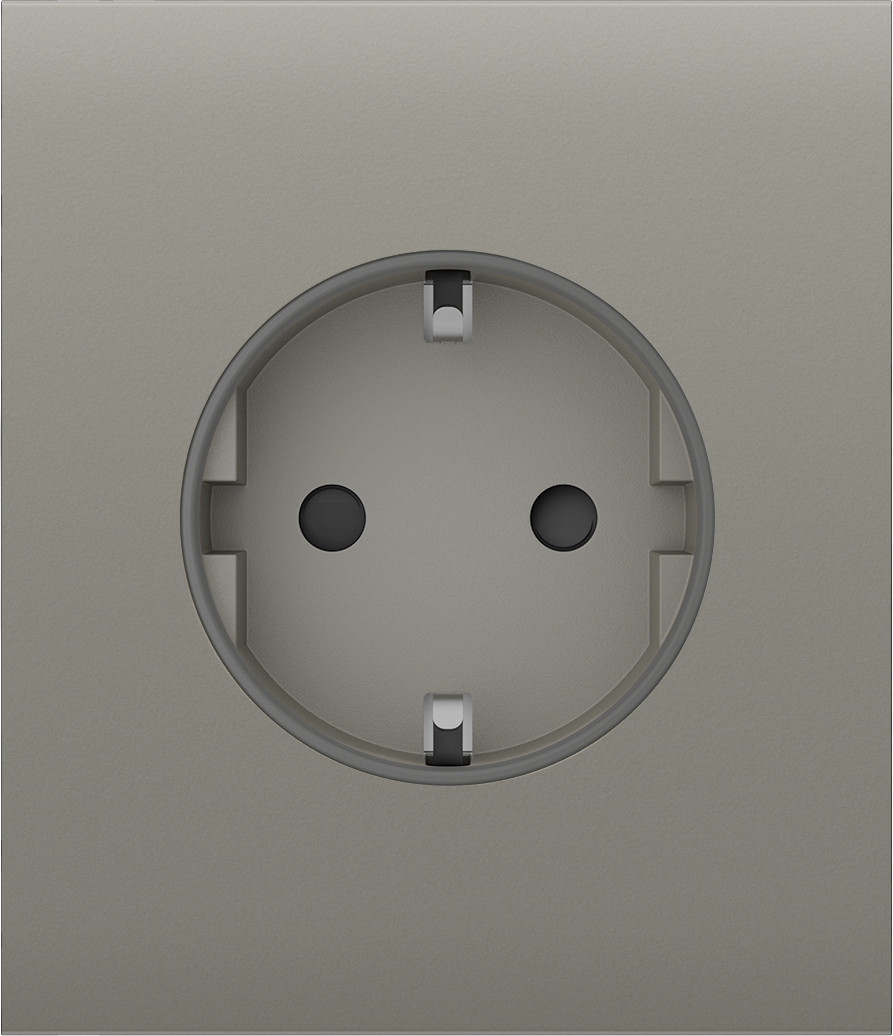 Graue Wandsteckdose mit zwei Löchern und Schutzkontakten.