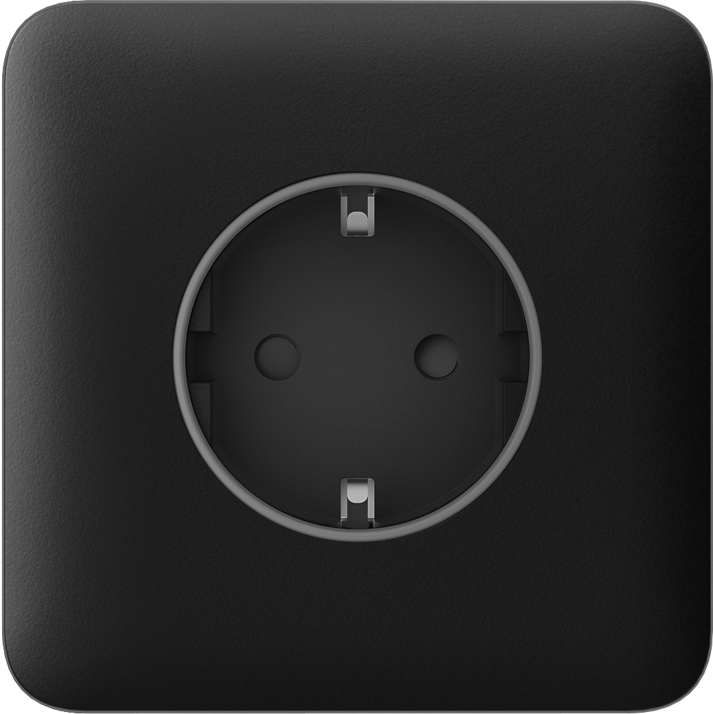 Schwarze Steckdose mit zwei Steckplätzen und abgerundeten Ecken in Nahaufnahme.