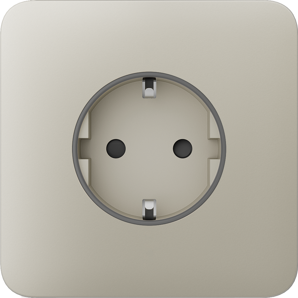 Eine beige Steckdose mit zwei Stecklöchern auf einer glatten Oberfläche.