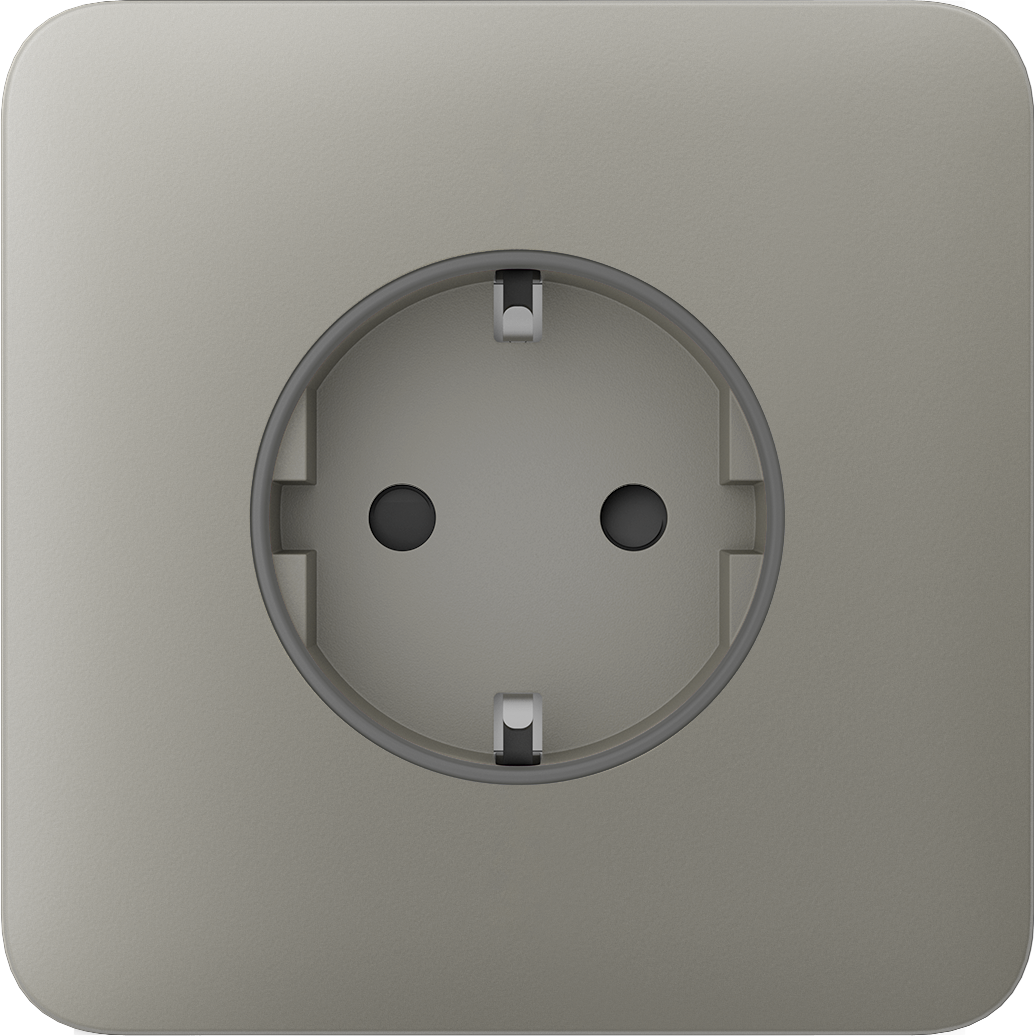 Graue, quadratische Steckdose in Nahaufnahme, frontal dargestellt.