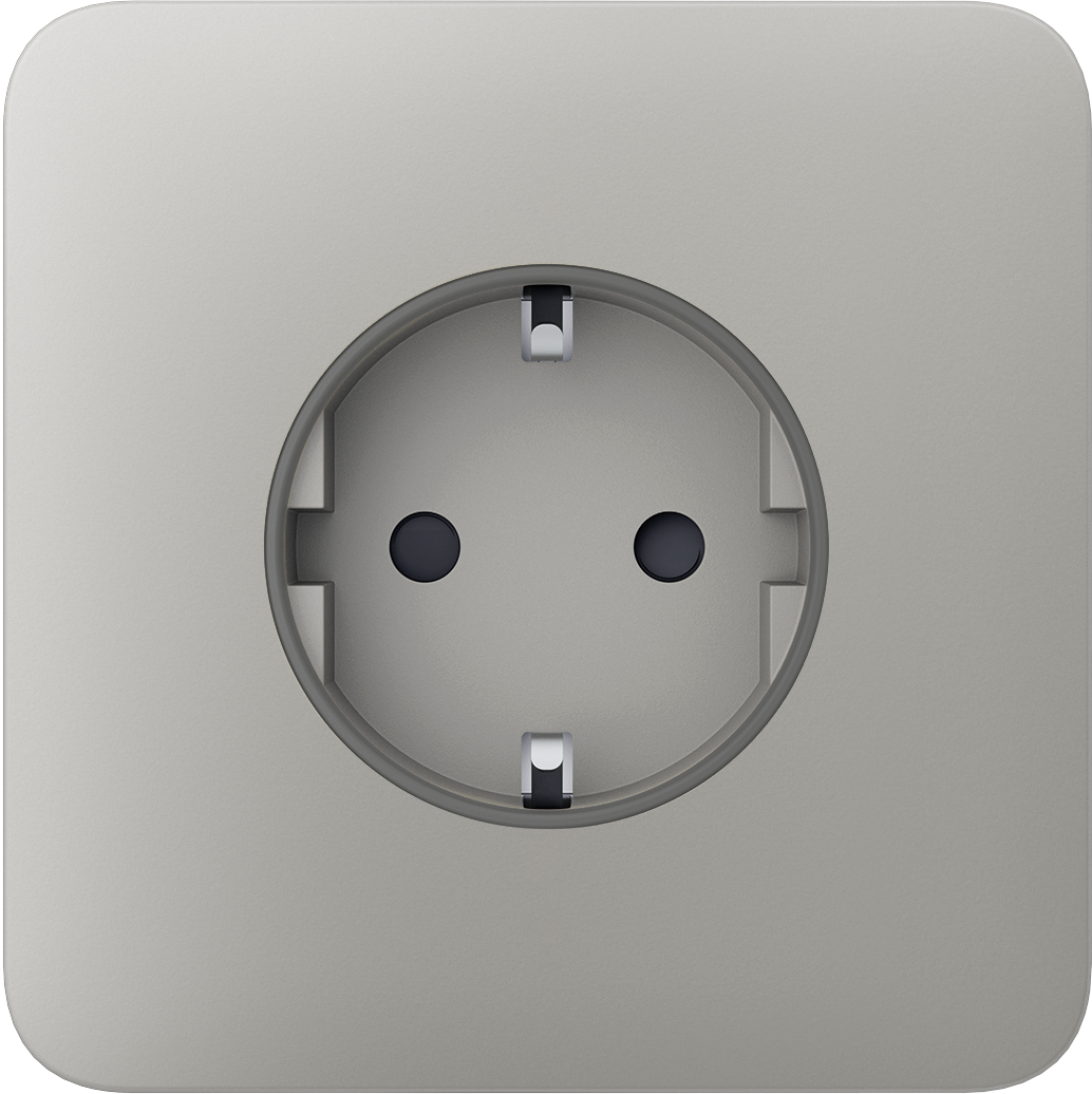 Graue Wandsteckdose in quadratischer Form mit zwei Stecköffnungen und Schutzkontakten.