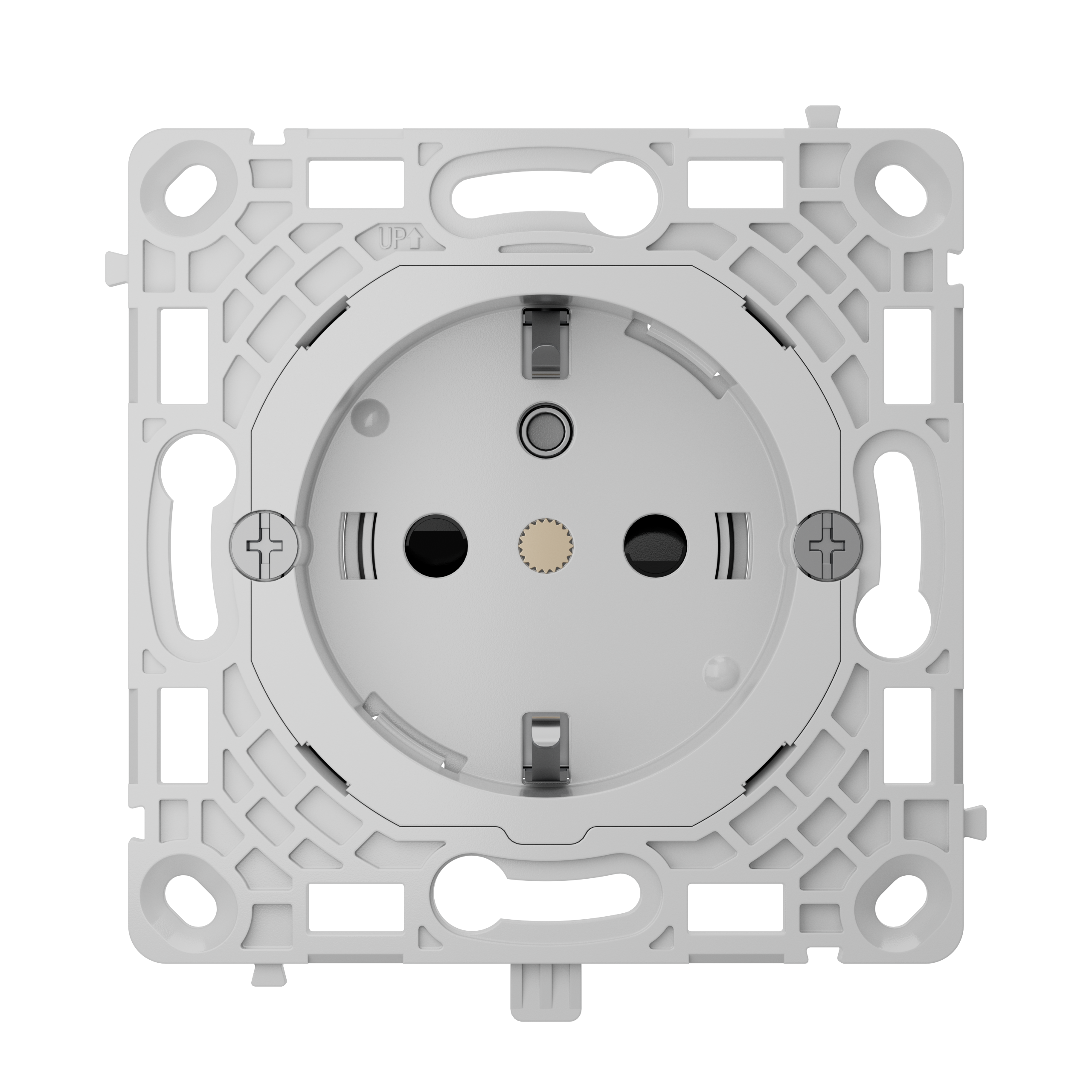 Weiße Steckdose mit rechteckigem Rahmen und runder Mitte, auf schwarzem Hintergrund.