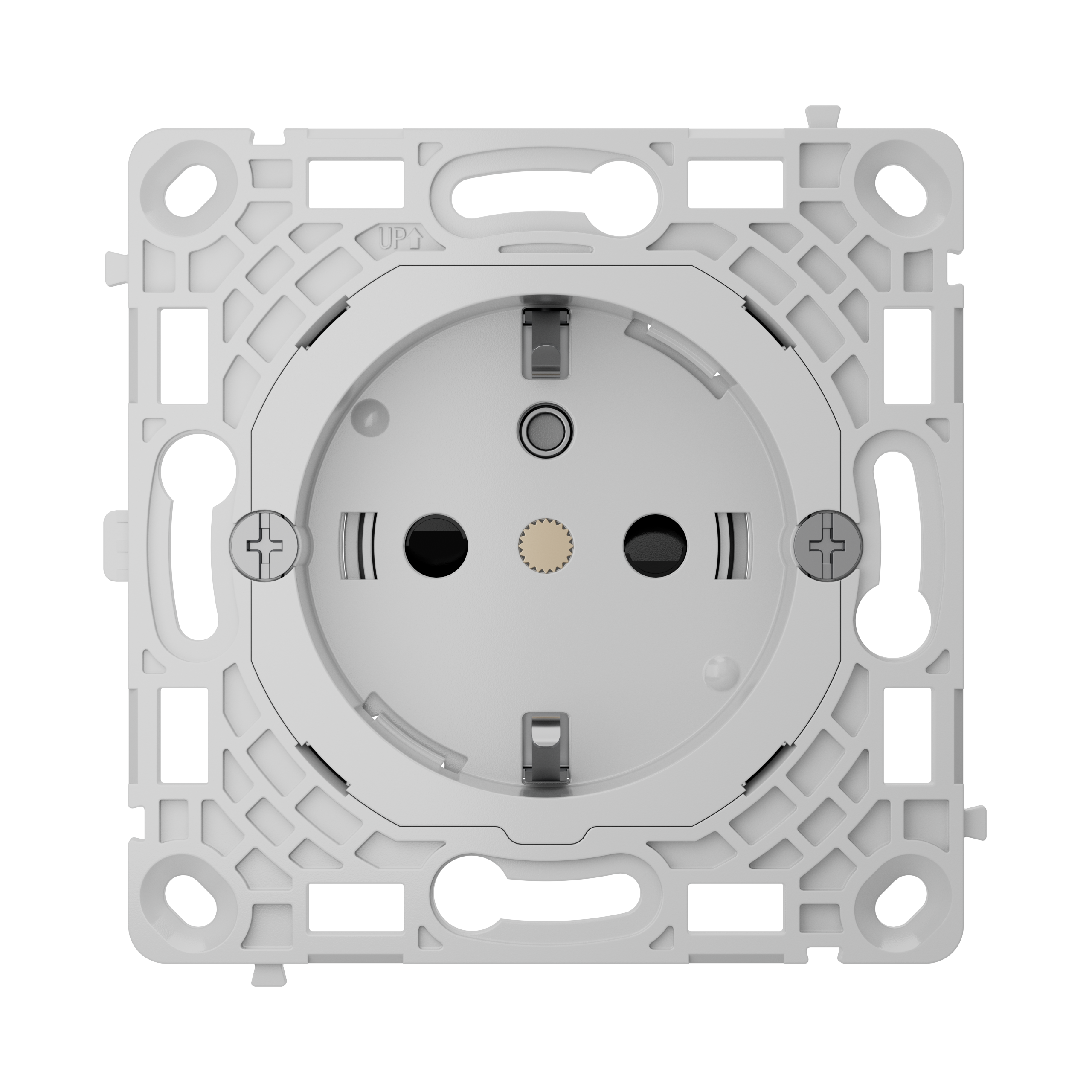 Weiße Steckdose mit einem geometrischen Rahmen und einem zentralen Erdungsloch, frontal abgebildet.