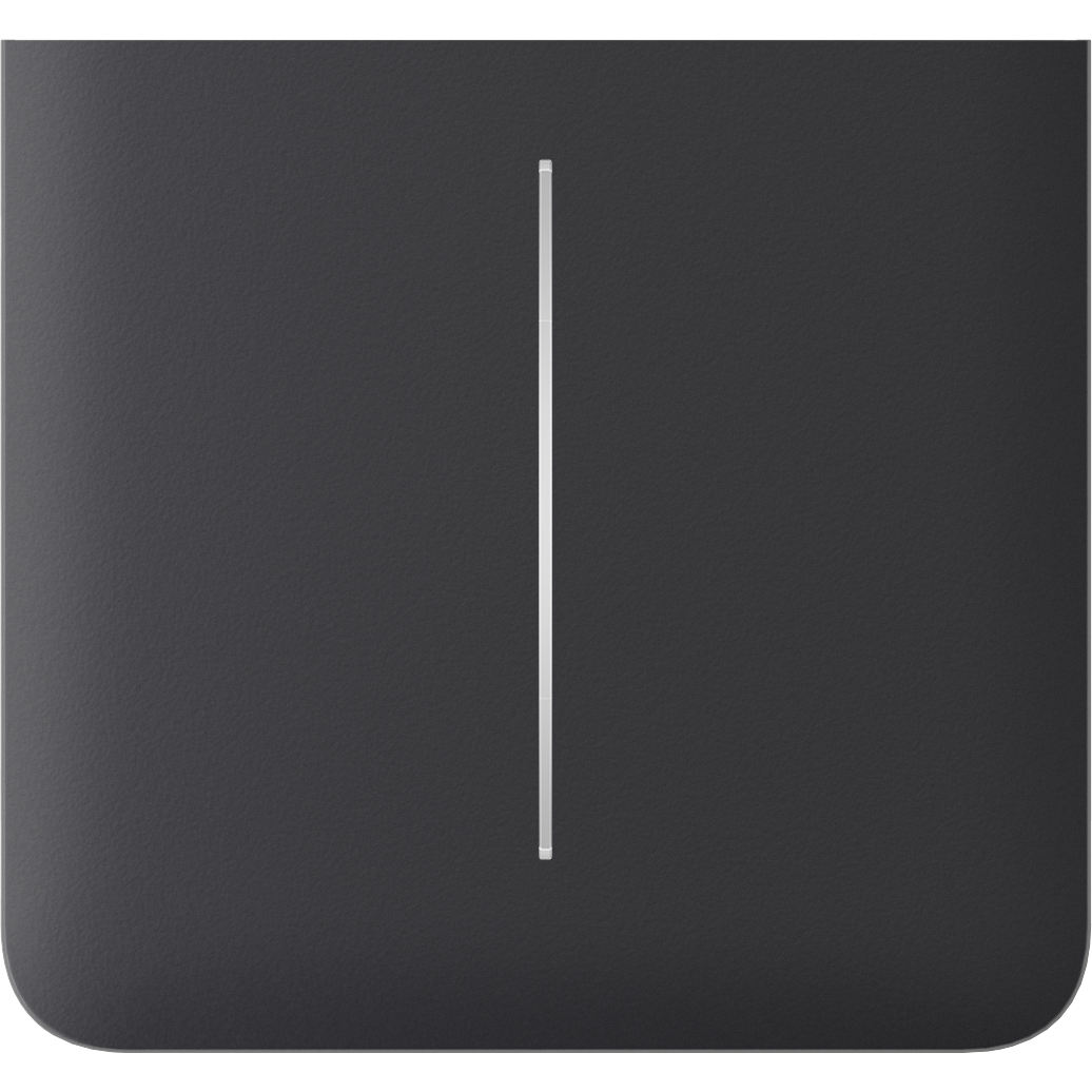 Eine Nahaufnahme eines schwarzen Geräts mit einem schmalen, vertikalen, weißen Streifen in der Mitte.