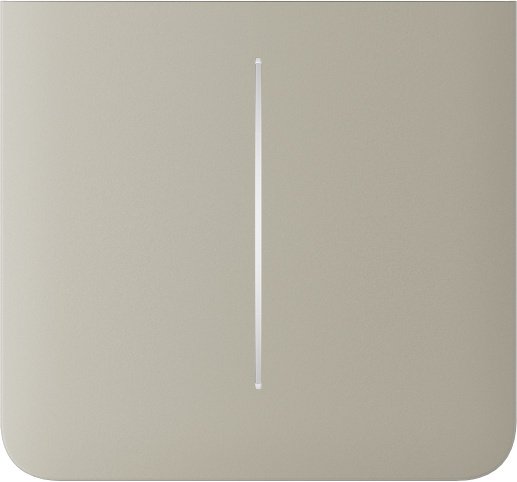 Ein quadratisches, beige Objekt mit einem schmalen, vertikalen Lichtstreifen in der Mitte.