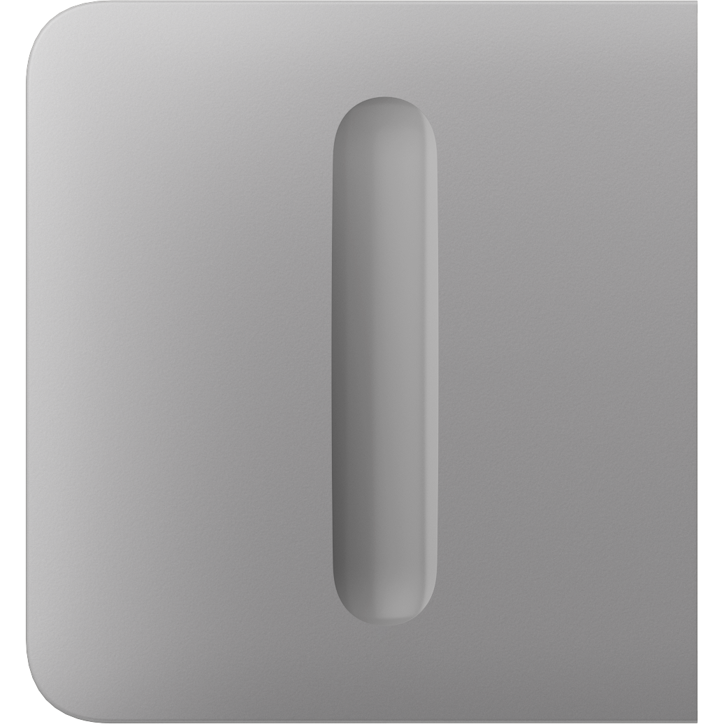 Grauer, quadratischer Gegenstand mit einem vertikalen, länglichen Ausschnitt in der Mitte.