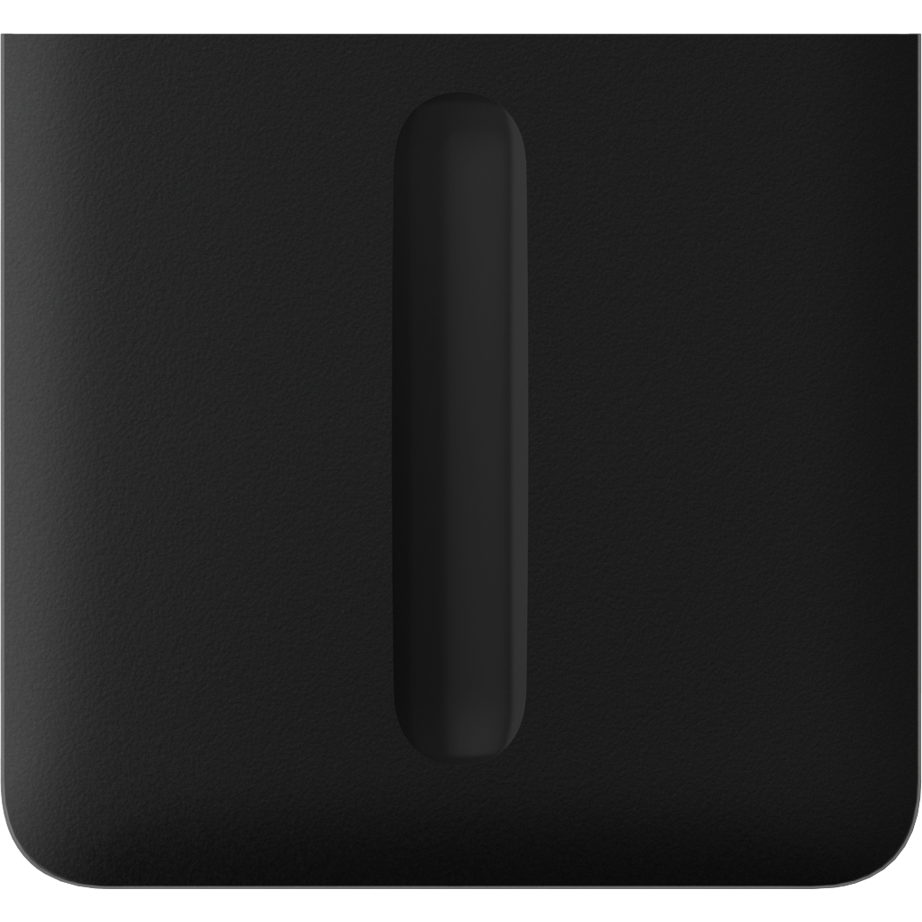 Nahaufnahme eines schwarzen, rechteckigen Objekts mit vertikalem, ovalen Hohlraum in der Mitte.