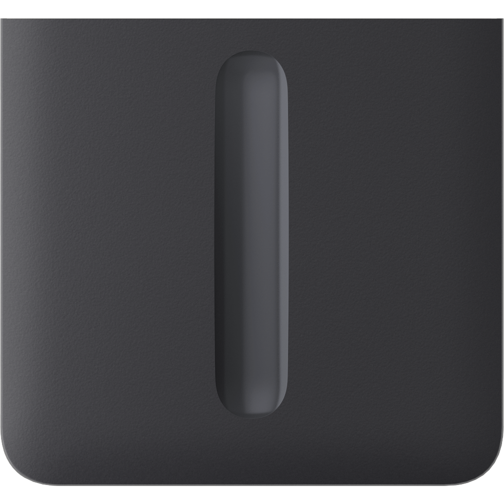 Eine Nahaufnahme eines schwarzen Geräts mit einer vertikalen ovalen Vertiefung in der Mitte.