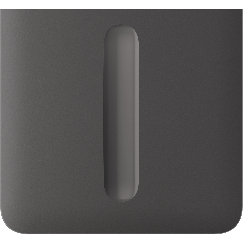 Nahaufnahme eines dunkelgrauen, glatten Objekts mit einer vertikalen, ovalen Vertiefung in der Mitte.