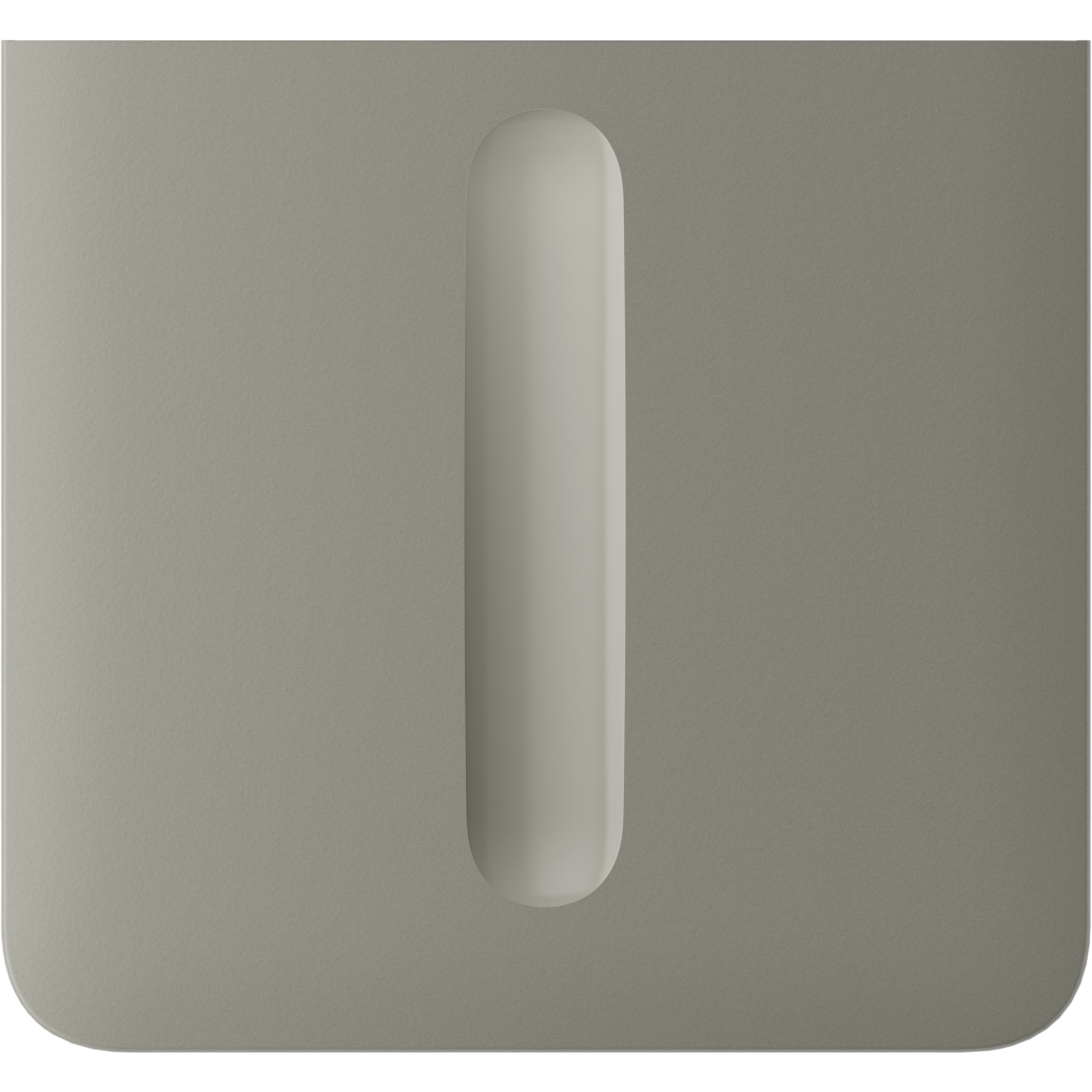 Quadratische, minimalistische Wandhalterung in neutralem Grau mit ovalem Ausschnitt in der Mitte.