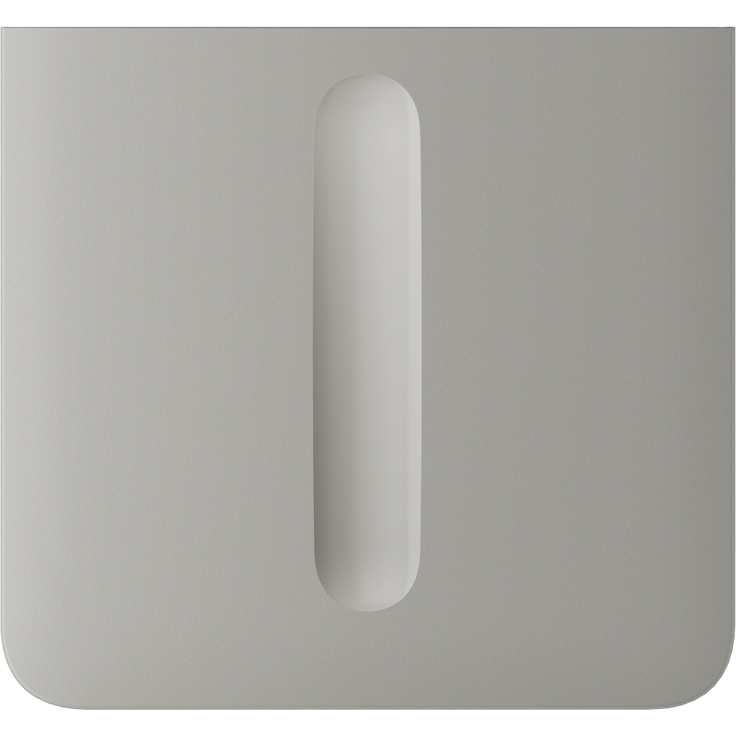 Nahaufnahme eines glatten, grauen Objekts mit einem schmalen, vertikalen Ausschnitt in der Mitte.