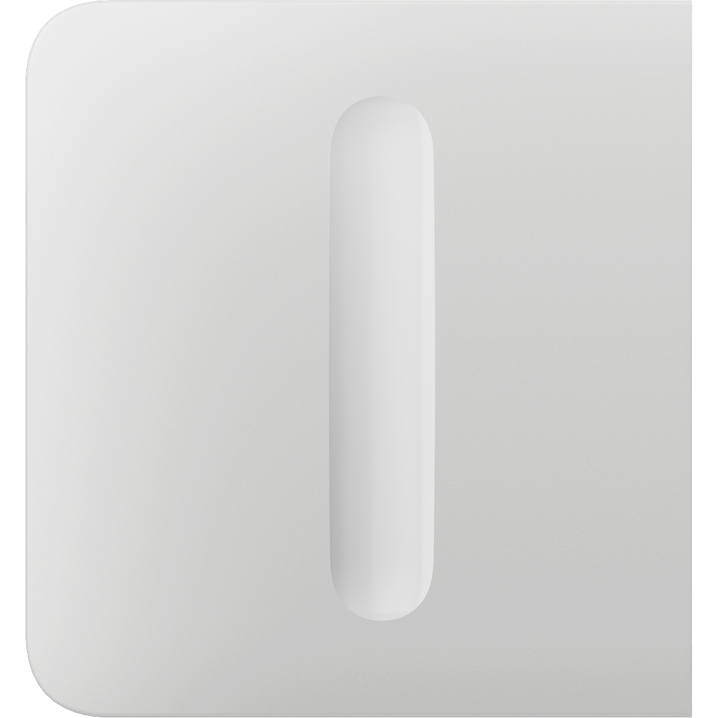 Ein quadratisches, weißes Objekt mit einer vertikal zentrierten ovalen Vertiefung.