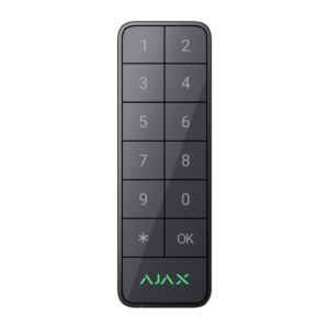 Schwarzes Tastenfeld mit nummerierten Tasten und grünem Logo "AJAX" unten.