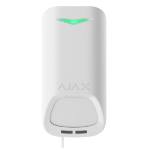 Ein weißer elektronischer Sensor mit einem grünen Licht und dem Schriftzug "AJAX" darauf.