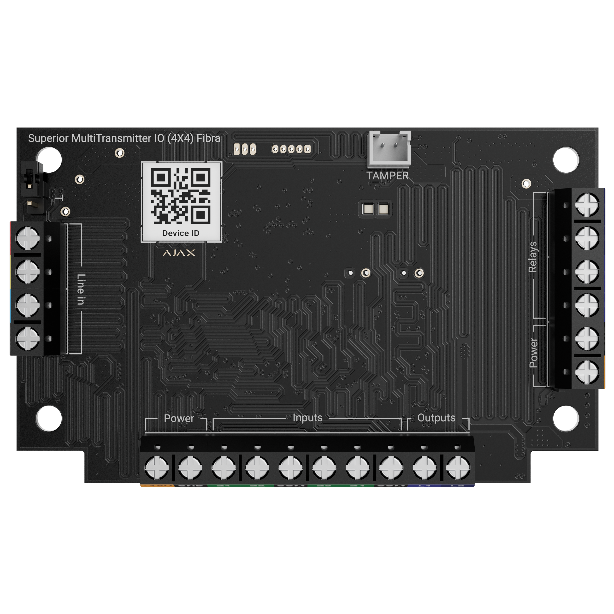 Schwarze Platine mit elektronischen Komponenten, Schraubklemmen, QR-Code und der Aufschrift "Superior MultiTransmitter IO (4X4) Fibra".