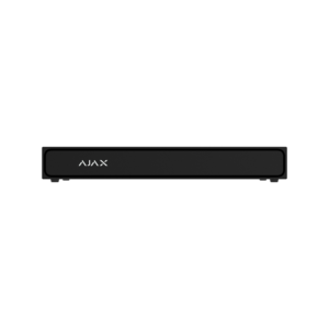 Ein schwarzer Ajax-Hub mit sichtbarem Logo in der Mitte auf schwarzem Hintergrund.