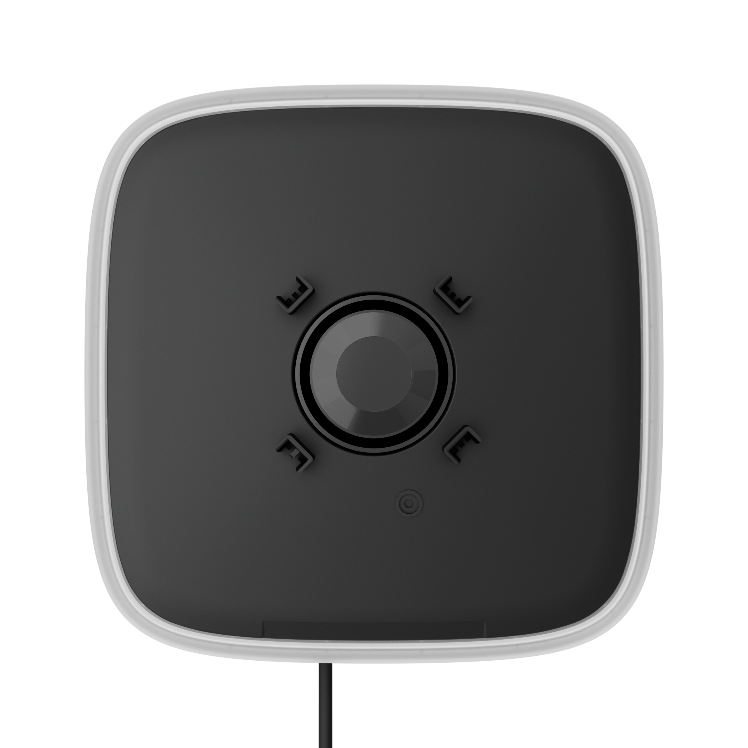 Rückansicht einer quadratischen Kamera mit abgerundeten Kanten und sichtbarem zentralen Objektiv.