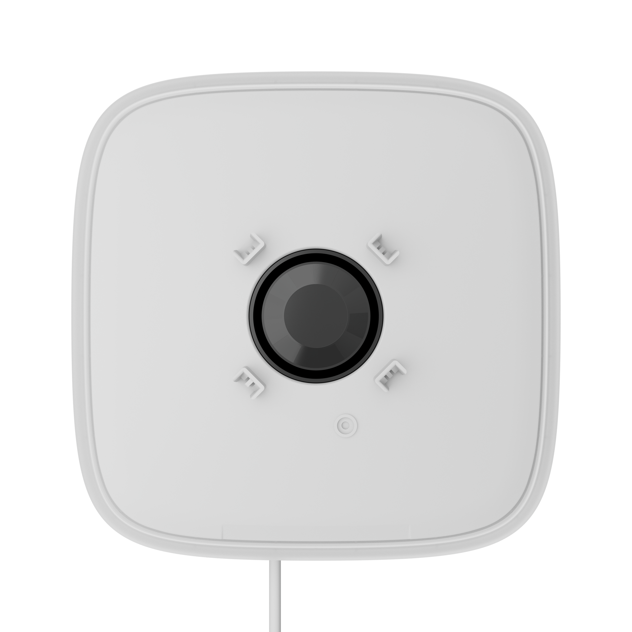 Weißes, quadratisches Gerät mit einer zentralen, schwarzen Linse und vier kleinen Befestigungselementen darum.