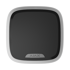 Quadratisches, schwarzes Gerät mit grauem Rand und kleinem Logo "AJAX" an der unteren Kante.