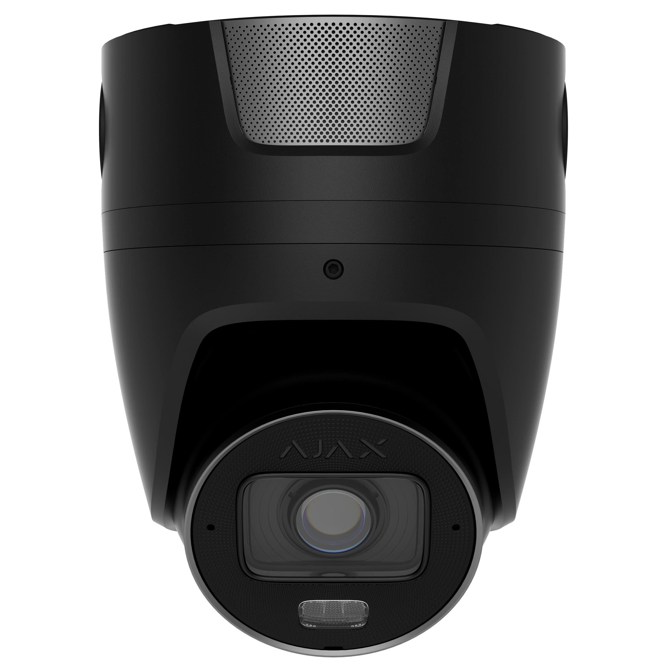 Schwarze Überwachungskamera mit einer Linse und Belüftungsgittern, frontalansicht.