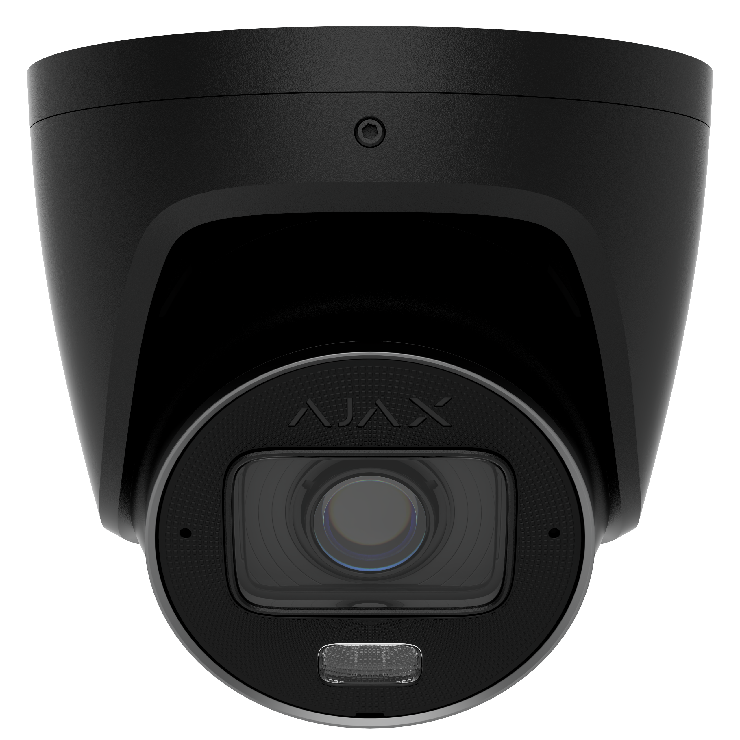 Schwarze Überwachungskamera mit der Aufschrift "AJAX" über dem Objektiv, frontalansicht.