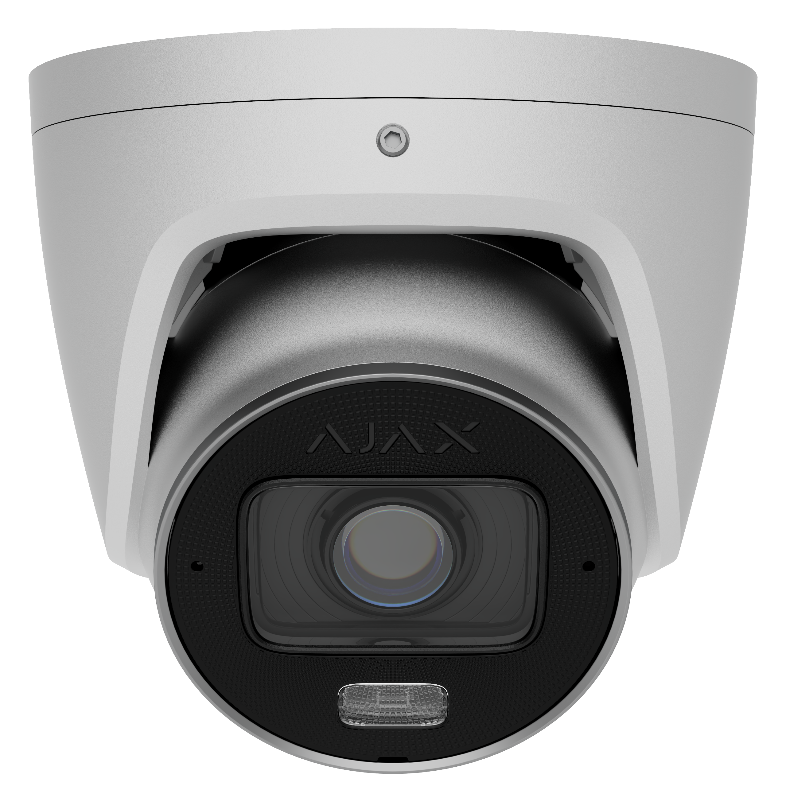 Nahaufnahme einer Überwachungskamera mit dem Schriftzug "AJAX" auf der Vorderseite.