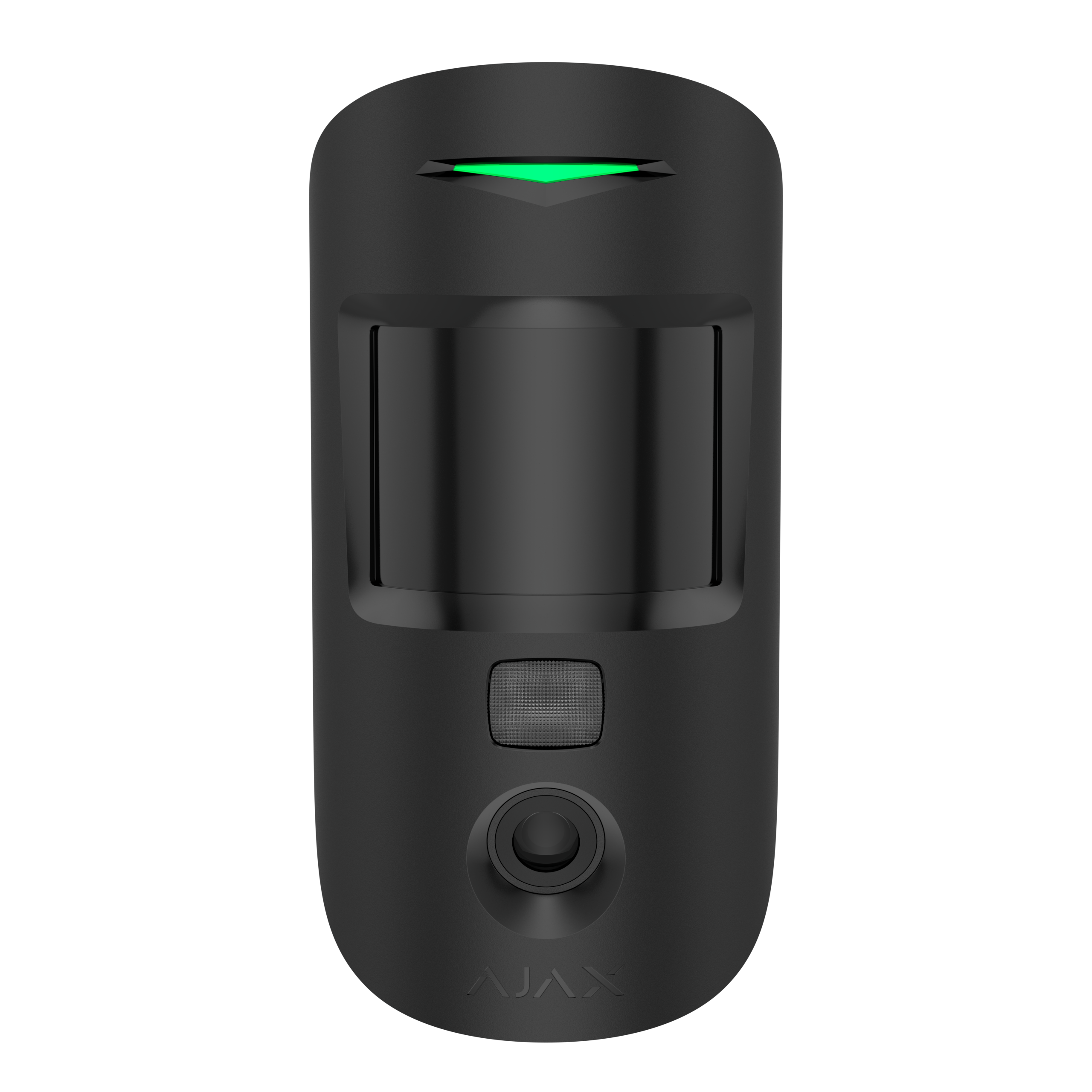 Schwarzer Bewegungssensor mit grünem Licht und Linse in der Mitte.