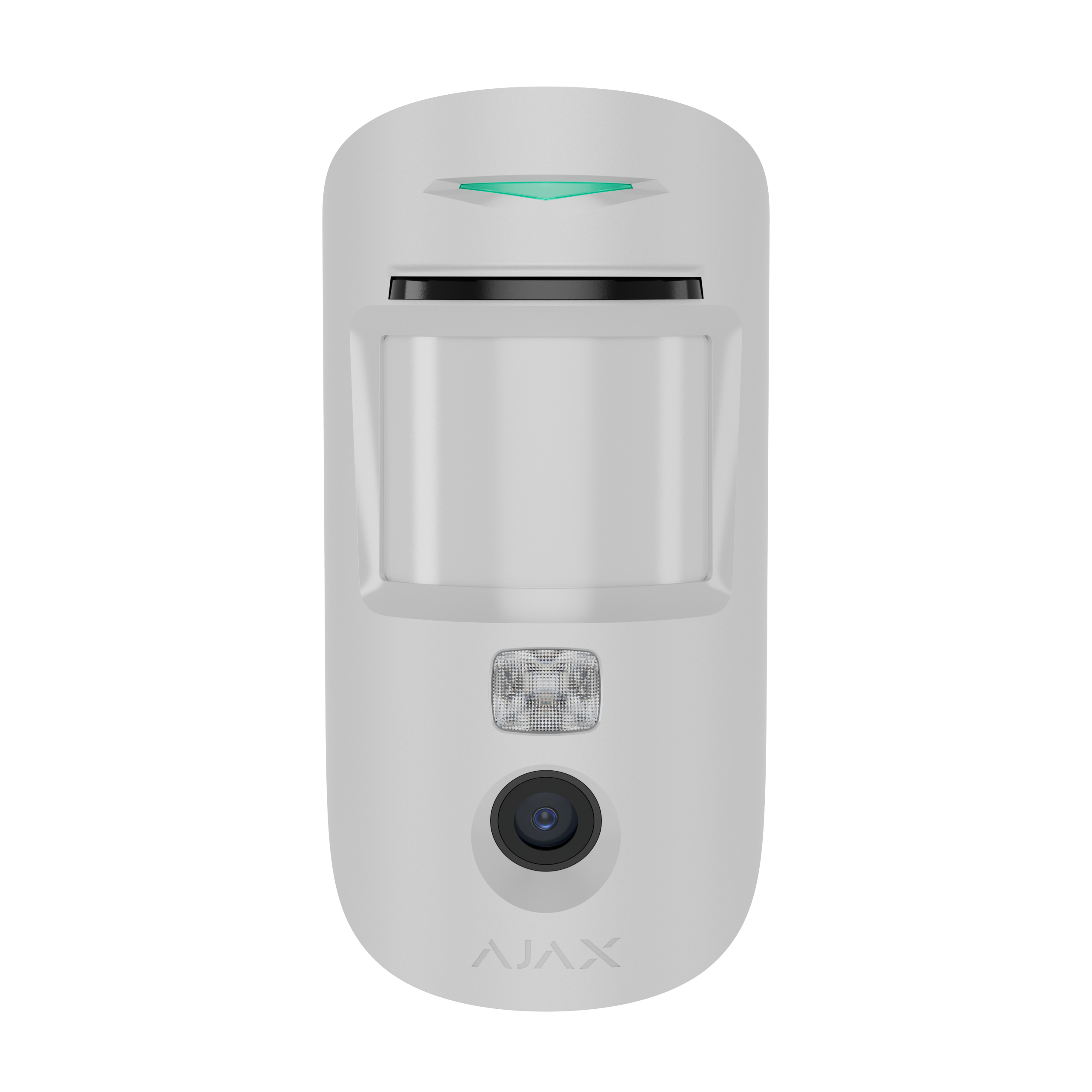 Elektronisches Gerät in Weiß mit einem Sensor und einer Kamera unter einem grünen Indikator auf schwarzem Hintergrund.