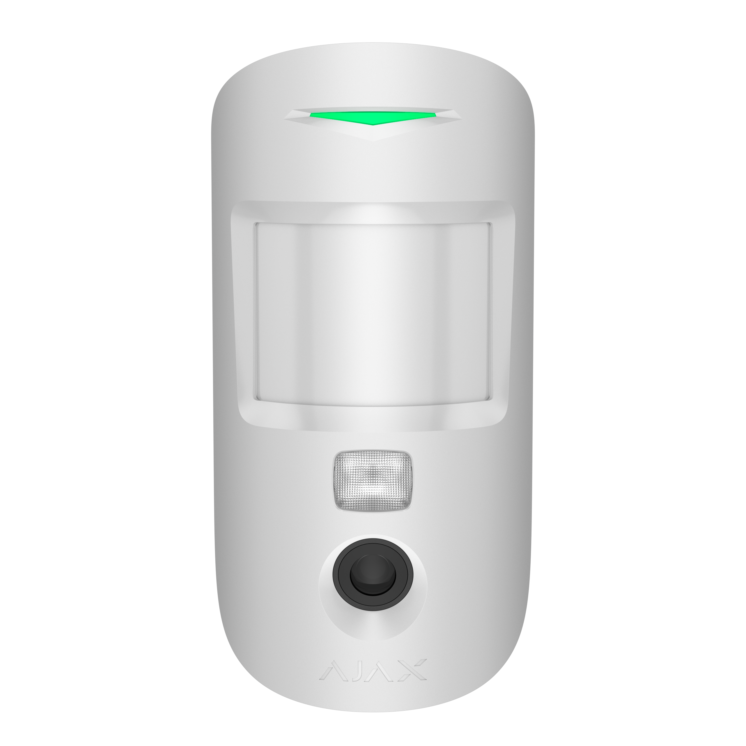 Bewegungsmelder in Weiß mit grünem Indikator und Linse gegen einen schwarzen Hintergrund.