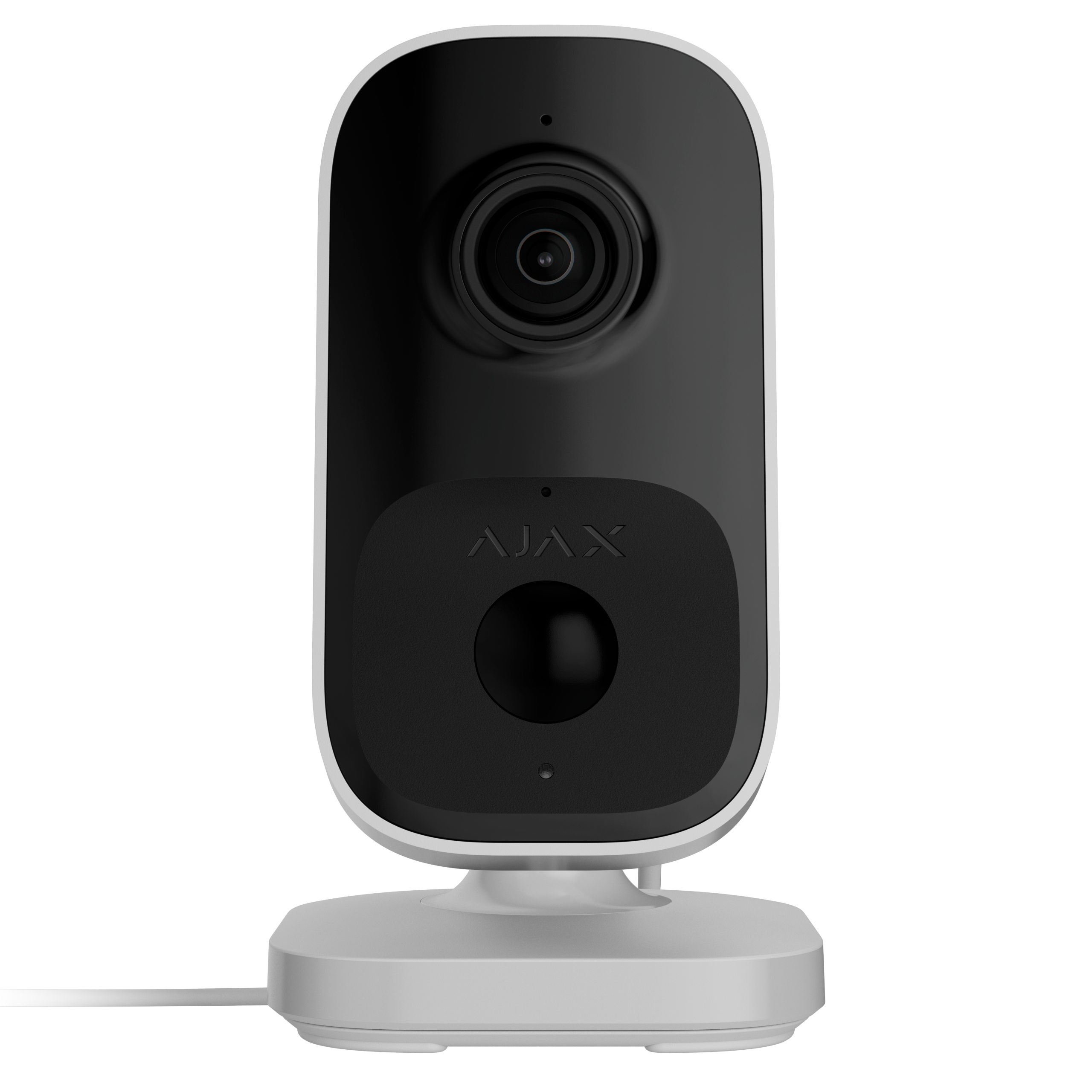Überwachungskamera mit schwarzer Front und einem Kabelanschluss auf einer weißen Basis.