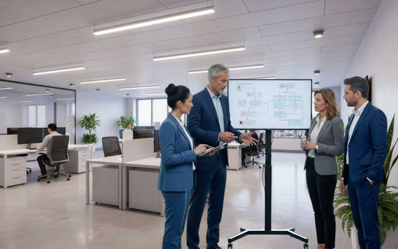 Vier Personen in Businesskleidung stehen in einem modernen Büro und diskutieren vor einem Diagramm auf einem Bildschirm.