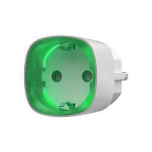 Ein weißer Steckdosenadapter mit grüner, leuchtender LED-Innenfläche.