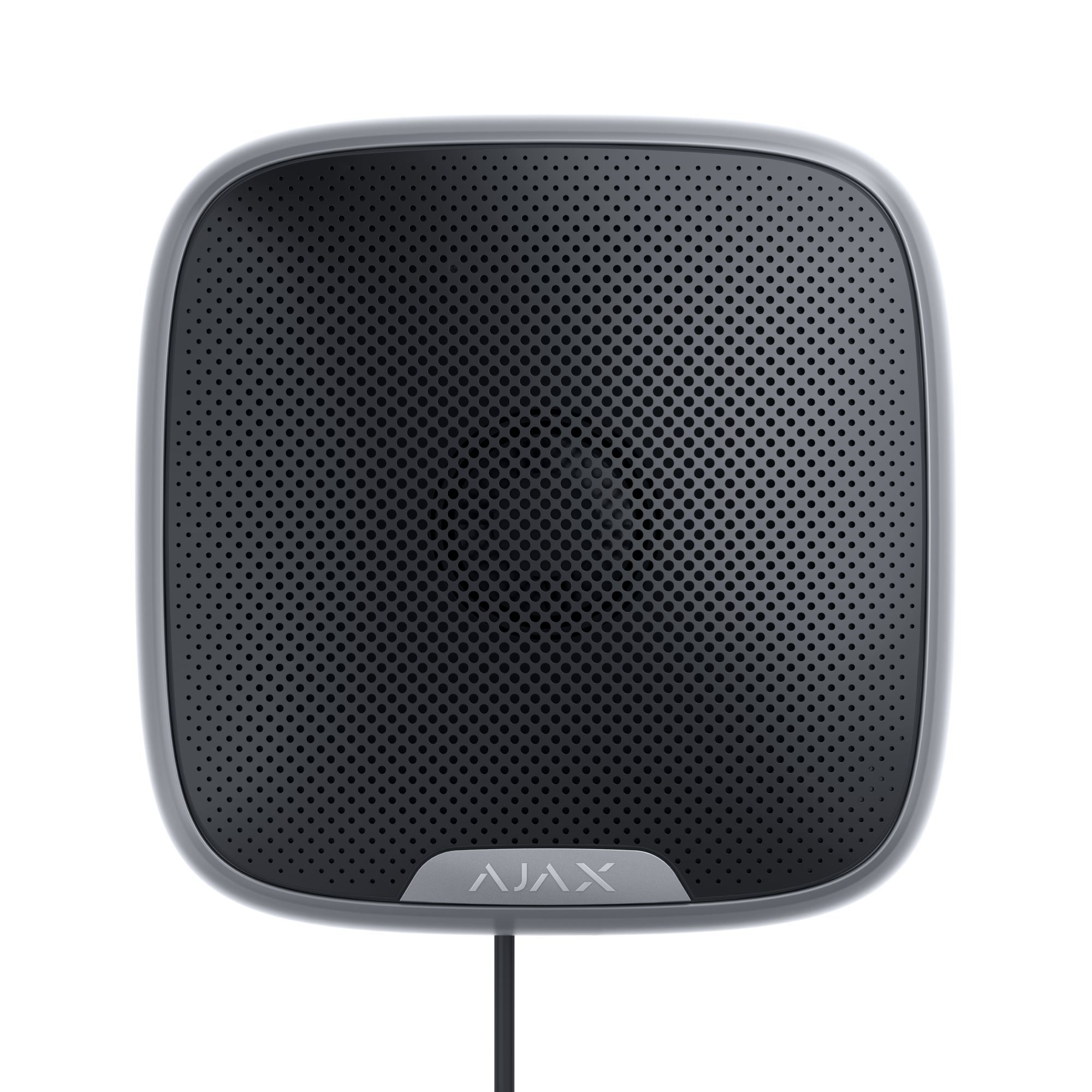 Ein quadratischer, schwarzer Lautsprecher mit perforierter Front und einem silbernen Rand. Darauf steht "AJAX".