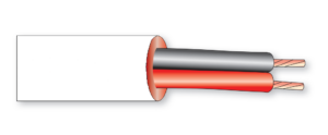 Illustration eines Kabels mit zwei isolierten Adern, einer in Schwarz und der anderen in Rot, jeweils mit Kupferdraht.