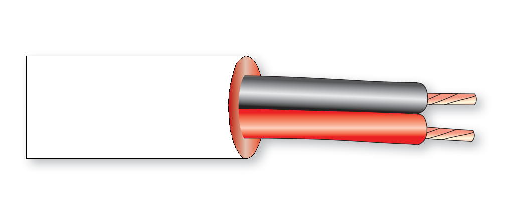 Illustration eines Kabels mit zwei isolierten Adern, einer in Schwarz und der anderen in Rot, jeweils mit Kupferdraht.