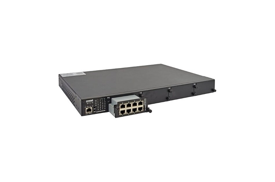 Ein schwarzer Netzwerk-Switch mit mehreren Ethernet-Ports und USB-Anschluss in standardmäßiger Rack-Mount-Größe.
