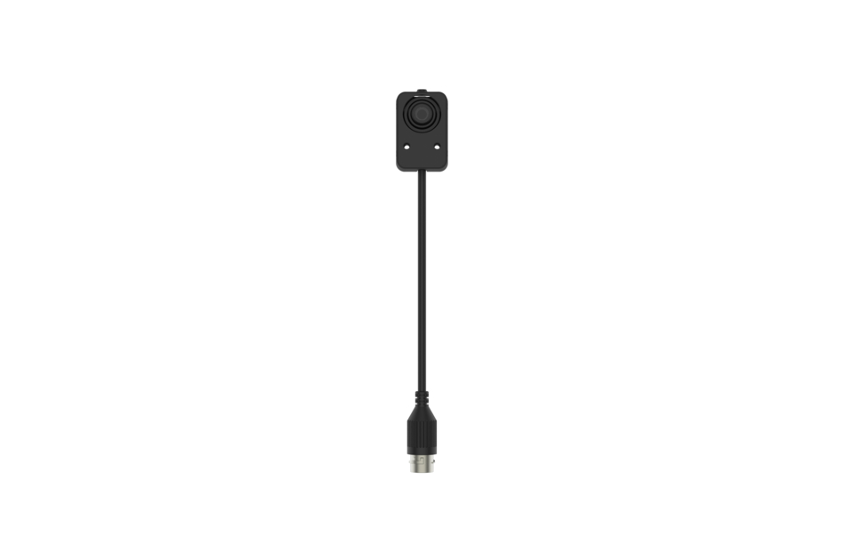 Eine kompakte schwarze Kamera mit einem langen Anschlusskabel und einem runden Stecker am Ende.