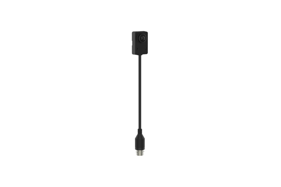 Kompakte Überwachungskamera mit langem Kabel und Anschlussstecker, vor weißem Hintergrund.