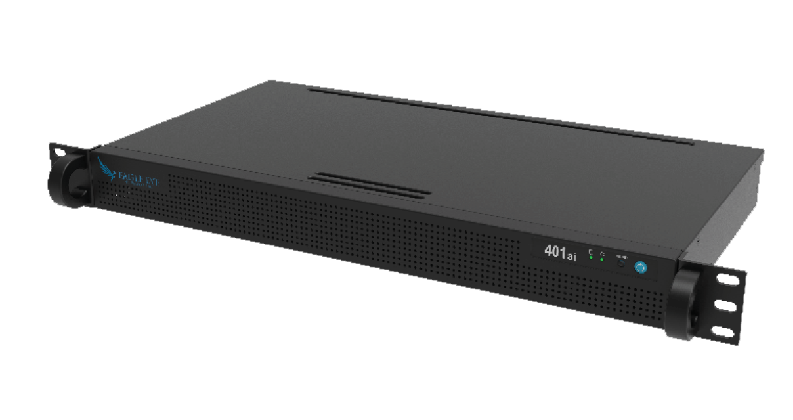 Ein schwarzer Rackmount-Server mit perforierter Frontblende und digitaler Anzeige auf der rechten Seite.