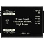Schwarzes Gerät mit der Beschriftung "IP over Coaxial Transmitter with PoC High Power", für den Innenbereich.