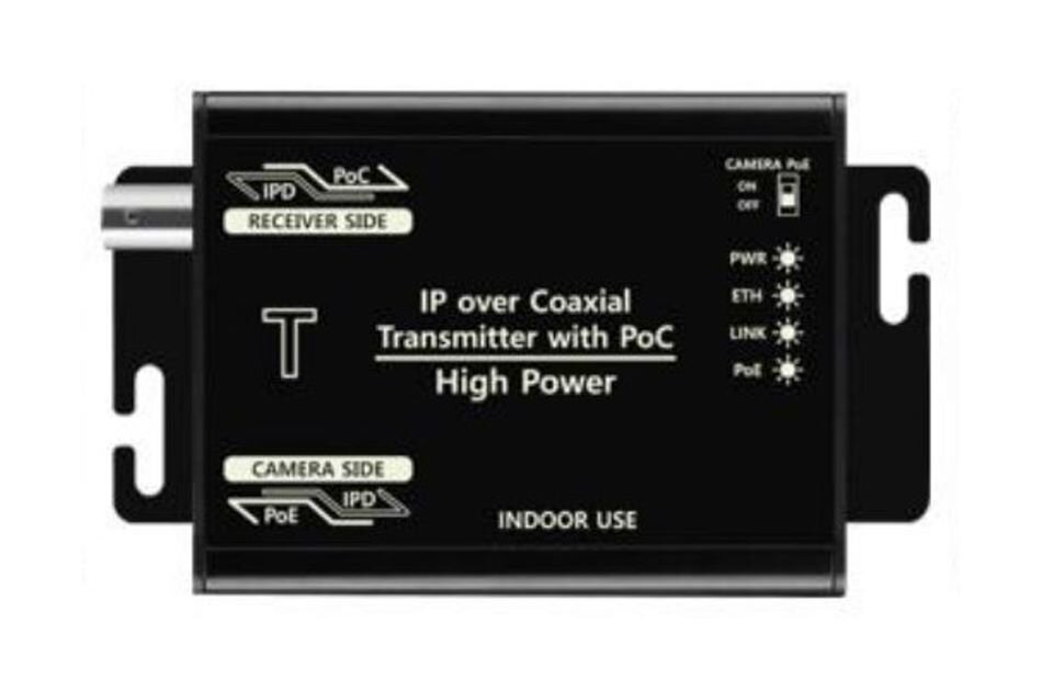 Schwarzes Gerät mit der Beschriftung "IP over Coaxial Transmitter with PoC High Power", für den Innenbereich.