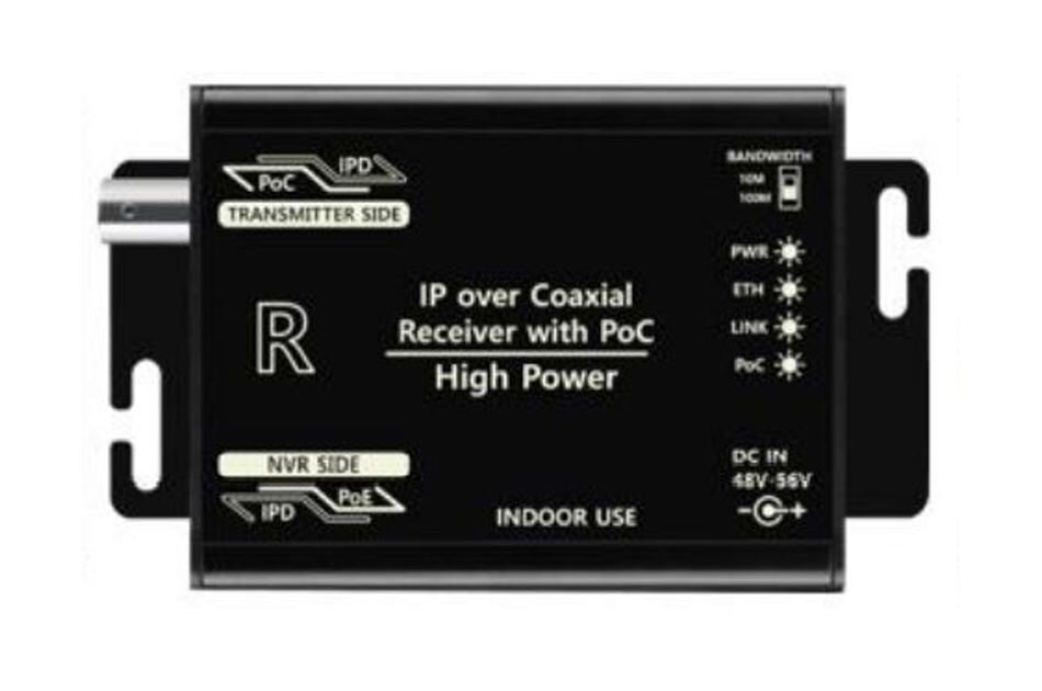 Schwarzes IP-over-Coaxial-Empfangsgerät mit Beschriftungen für PoC, High Power und diverse Anschlüsse.